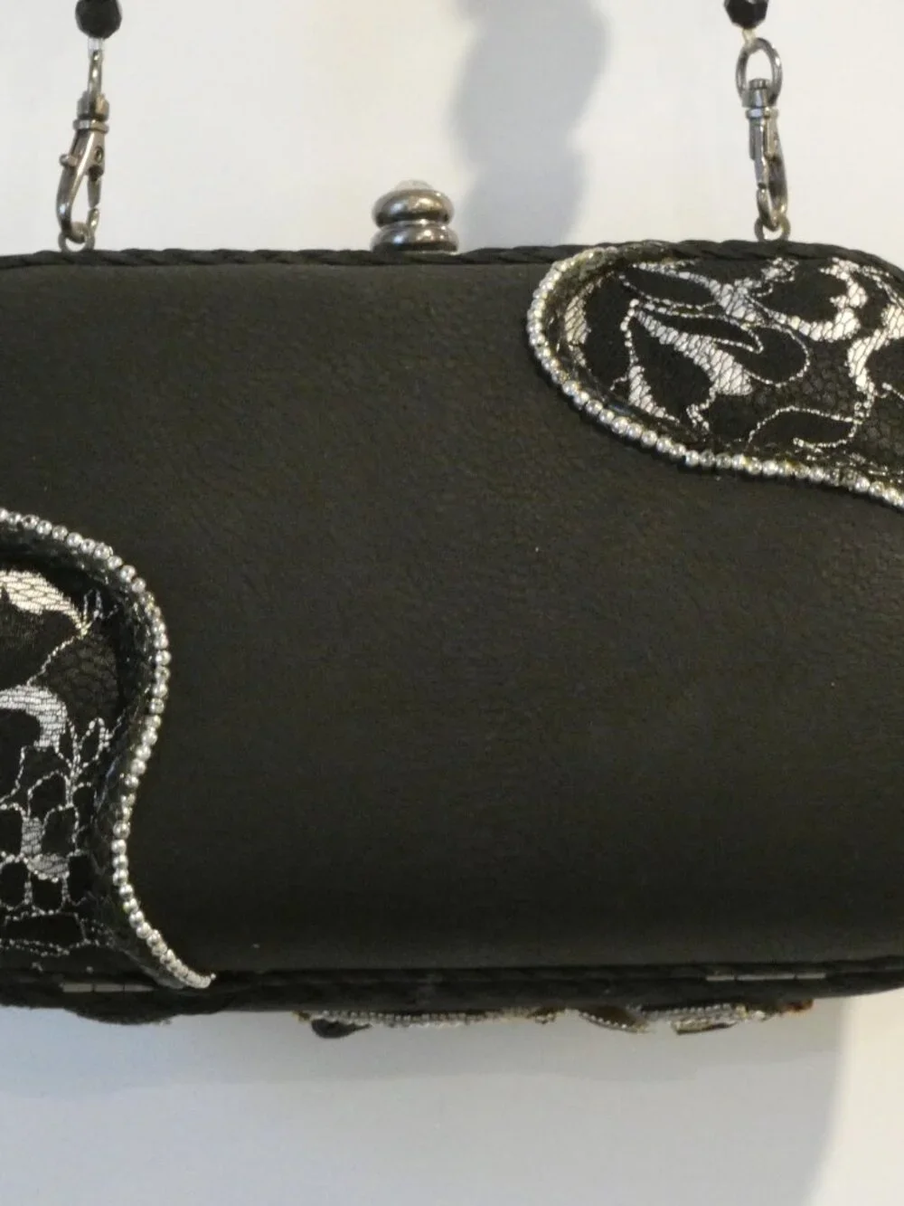 NWOT MARY FRANCES Silver & Black Shoulder Strap Beaded Purse/DustCover